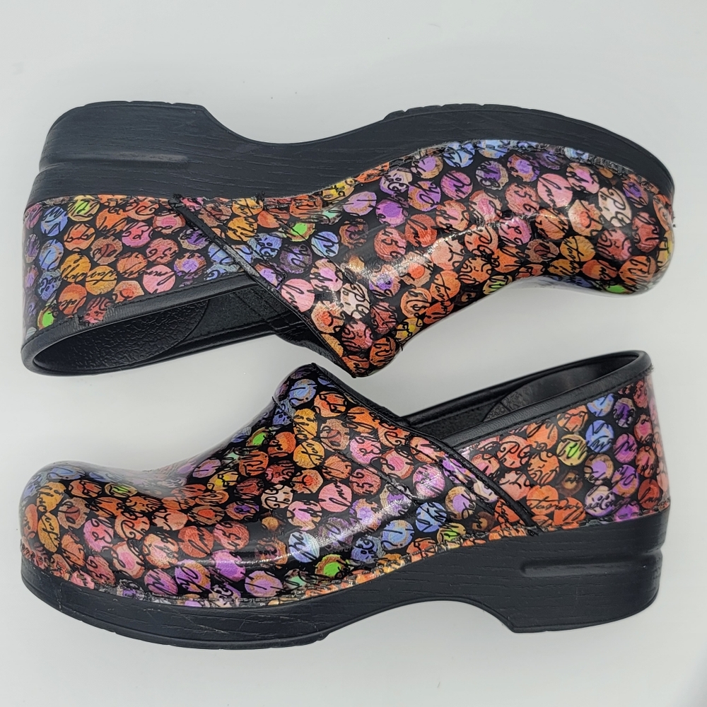Dansko Viola Multicolor Dot/Cursive Slip On Nurse Clogs Women EU 40 US 9.5 - 10 - Picture 5 of 11